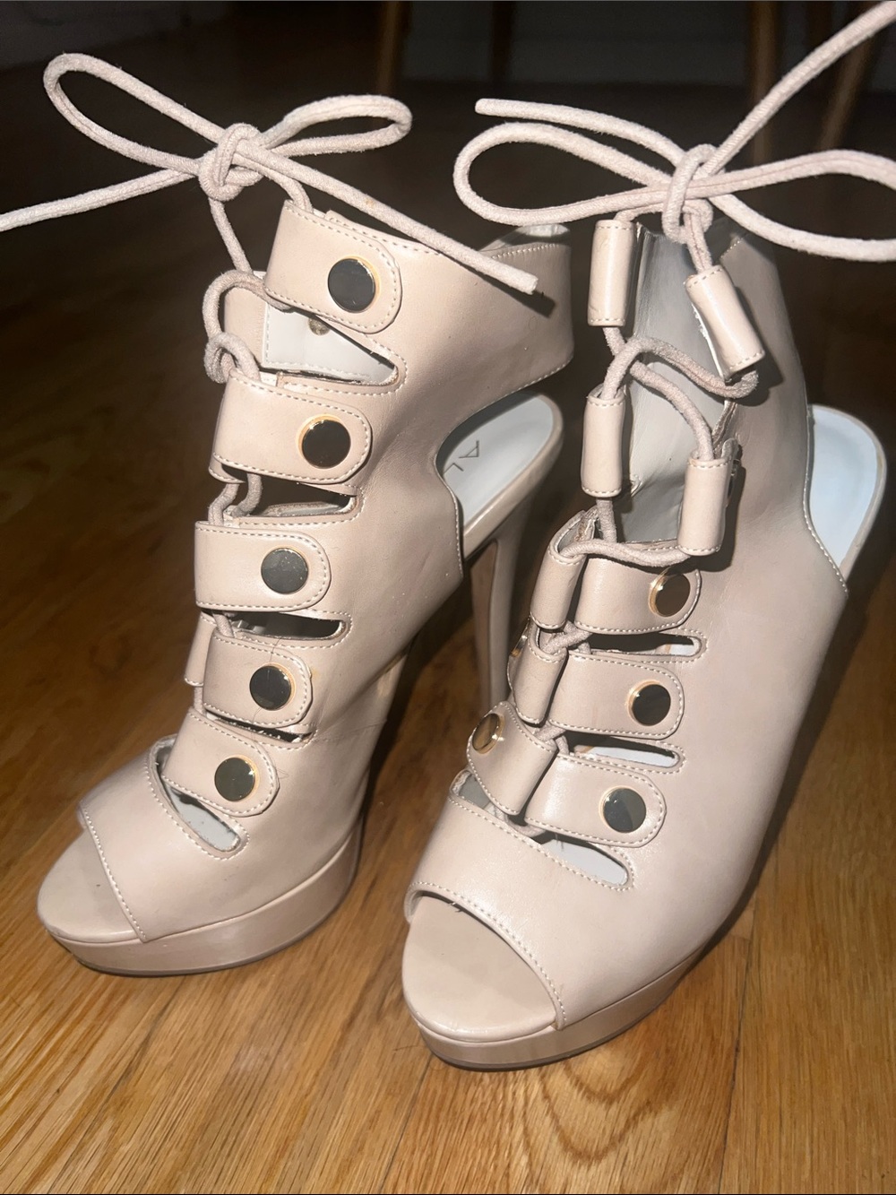 Also | Women’s Lace-Up Peep Toe Heels in Nude